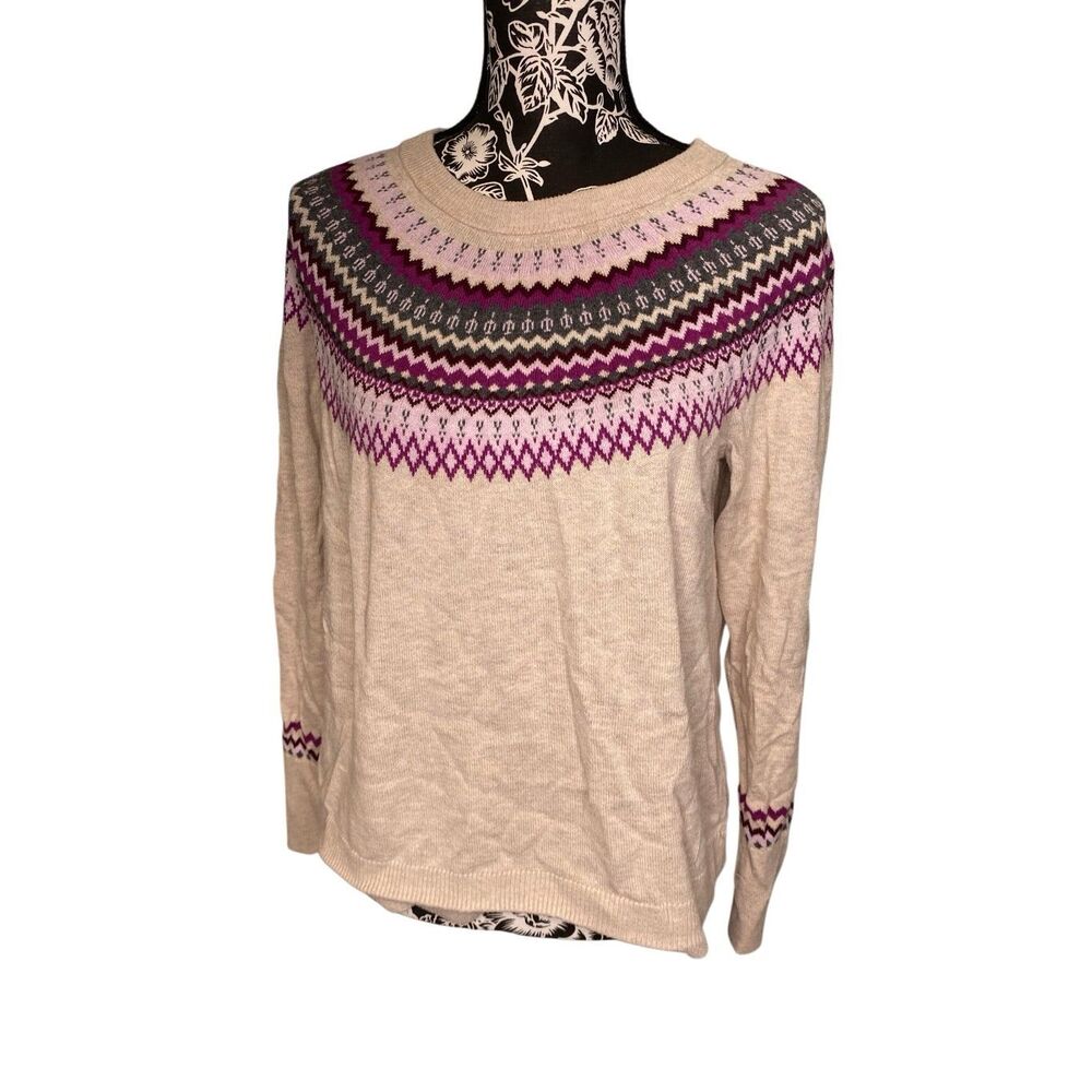 A New Day Fair Isle Sweater Womens Large Beige Pink Nordic Knit Cozy Top Office